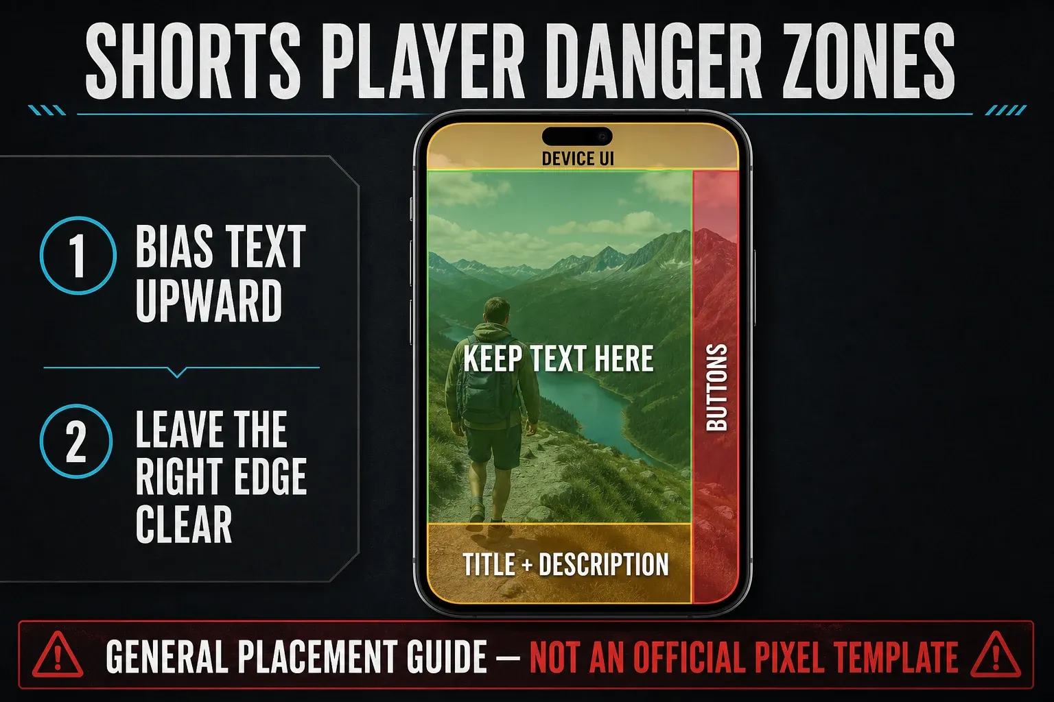 General YouTube Shorts danger zones for bottom metadata and right-side controls