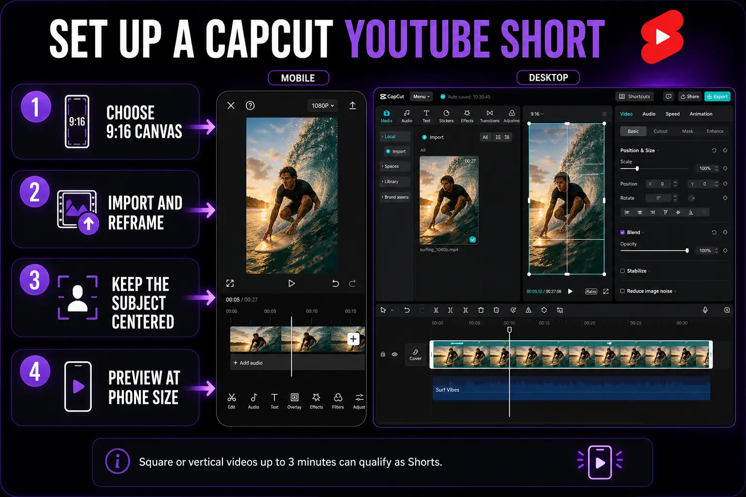 CapCut Mobile and Desktop setup for a reframed 9 by 16 YouTube Short