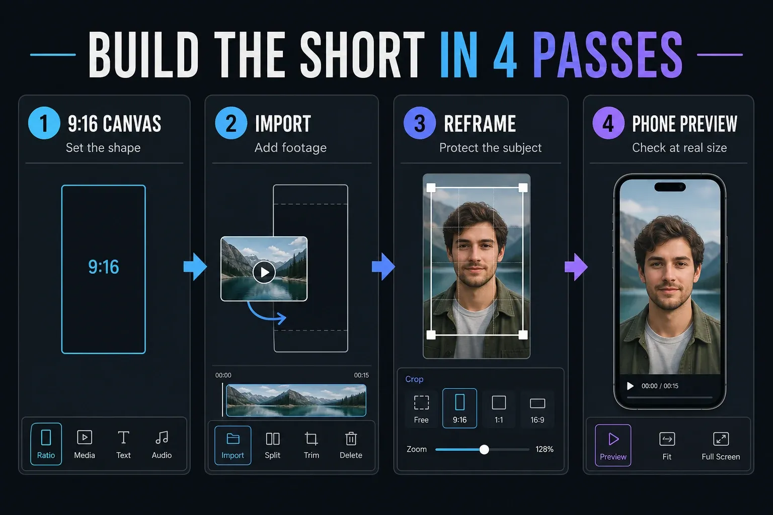 Four-step CapCut YouTube Shorts workflow from 9:16 canvas to phone preview