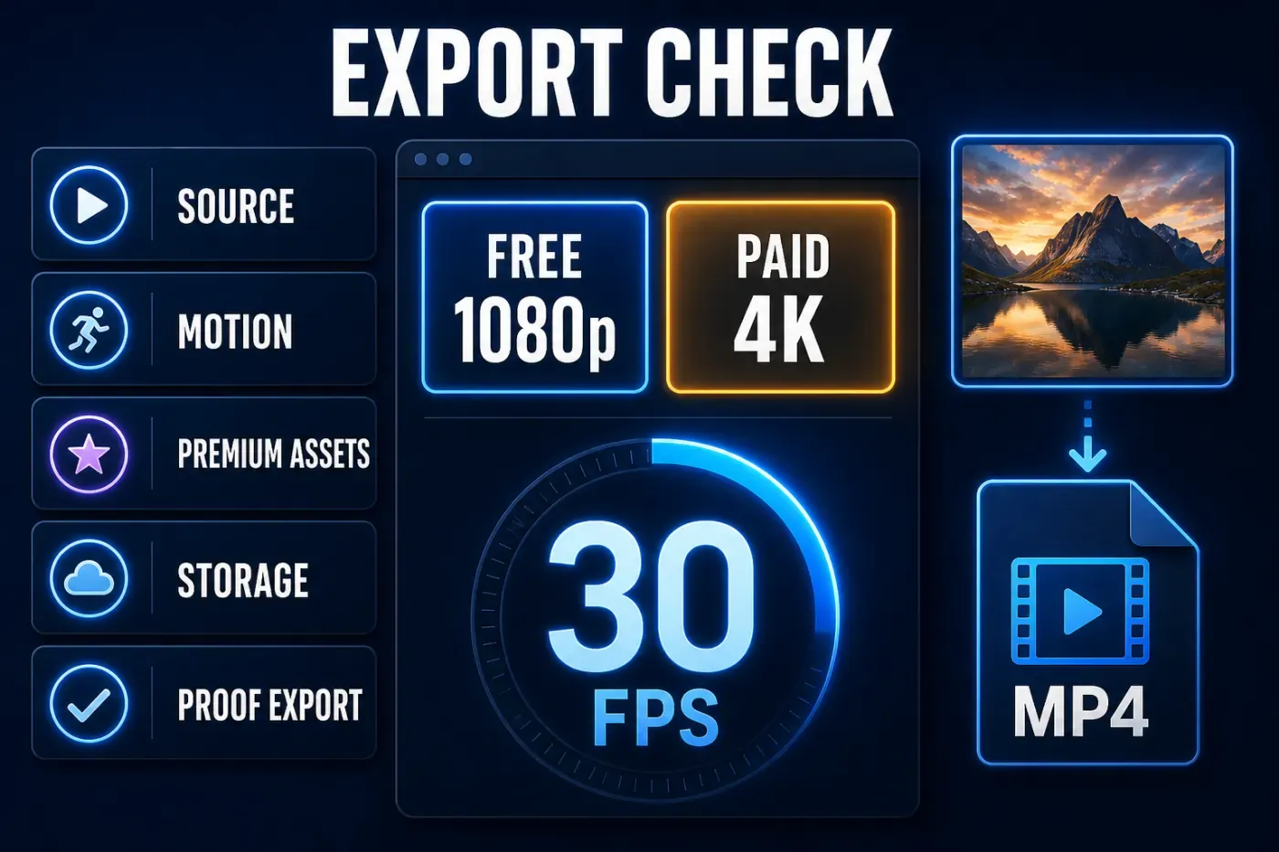 Clipchamp export checklist comparing free 1080p and paid 4K with a 30 fps output limit