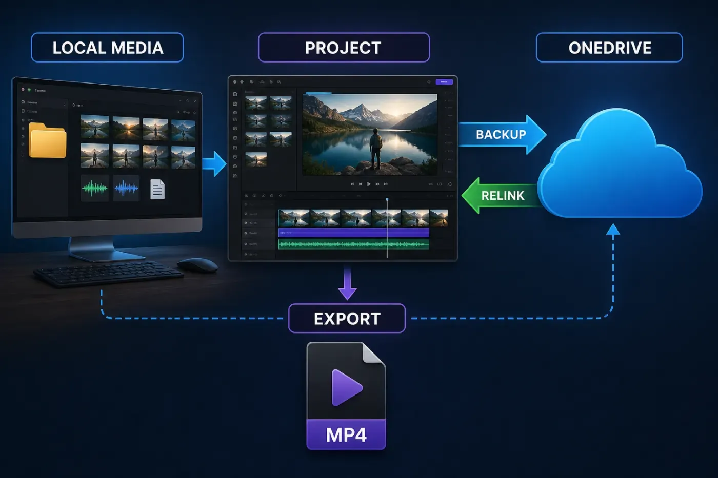 Clipchamp local media and OneDrive project safety workflow with backup relink and export checkpoints