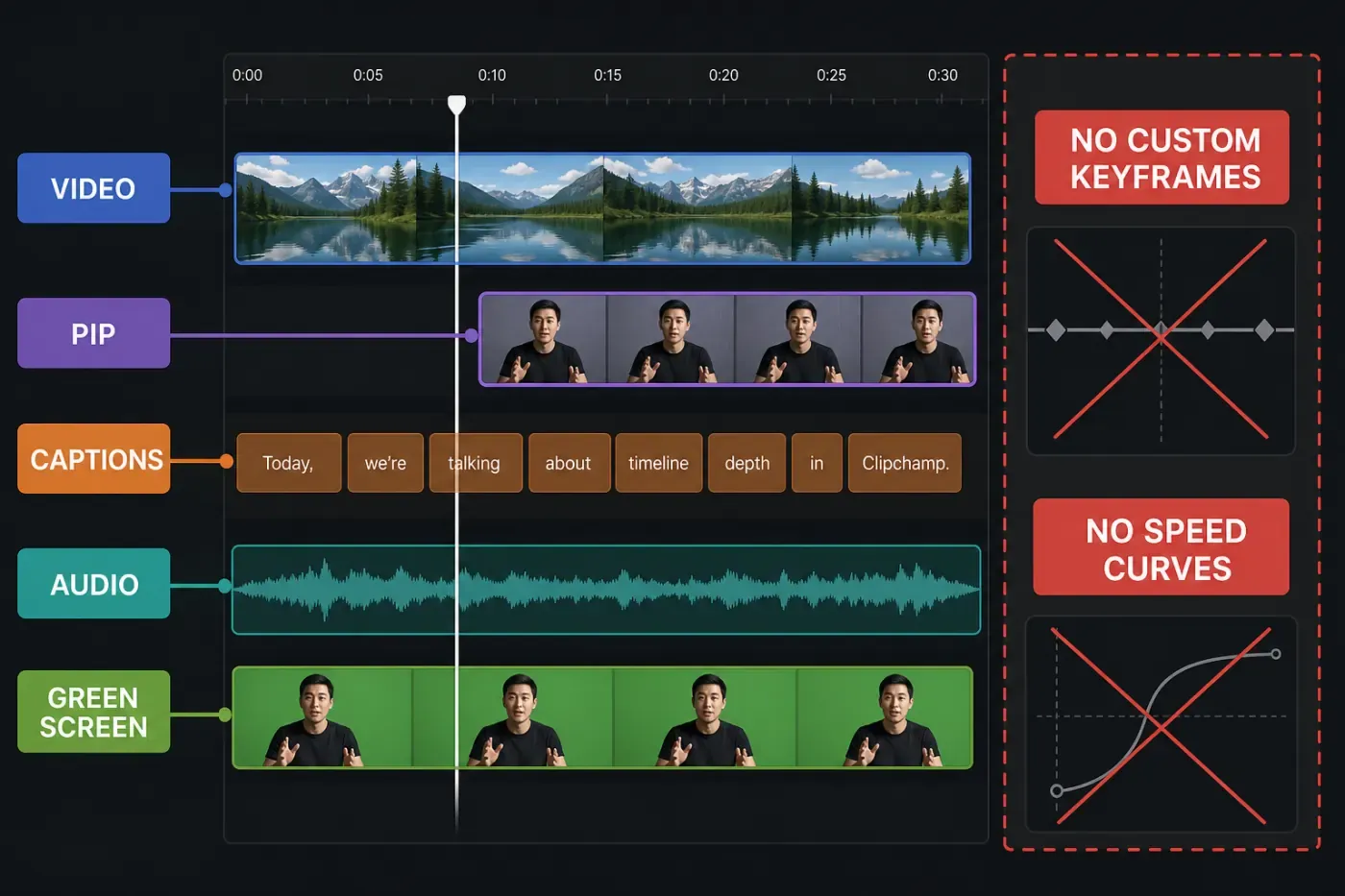 Clipchamp layered timeline with video overlays captions audio green screen and motion control limits