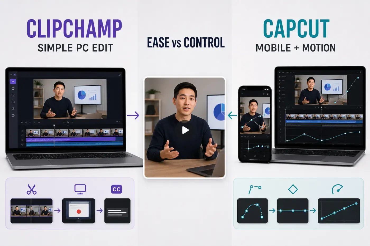 Clipchamp simple Windows browser editing compared with CapCut mobile desktop motion and creator tools