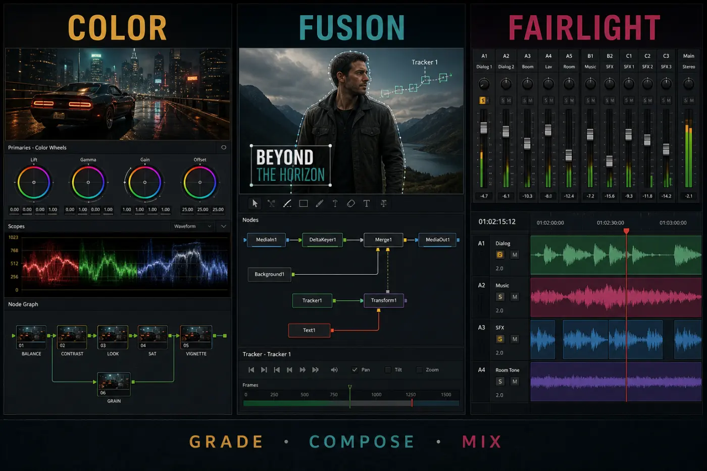DaVinci Resolve Color nodes Fusion compositing and Fairlight audio workflow