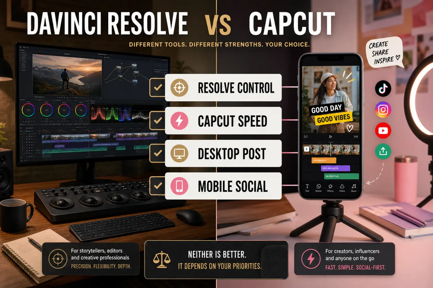 DaVinci Resolve desktop control compared with CapCut speed for social editing decisions