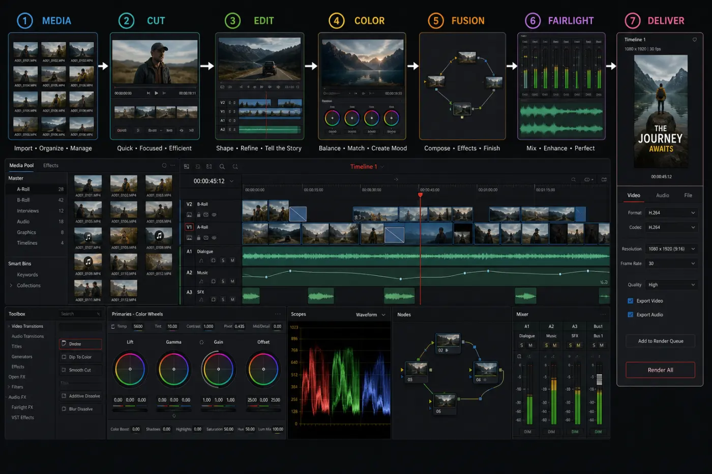 DaVinci Resolve 21 workflow across Media Cut Edit Color Fusion Fairlight and Deliver pages