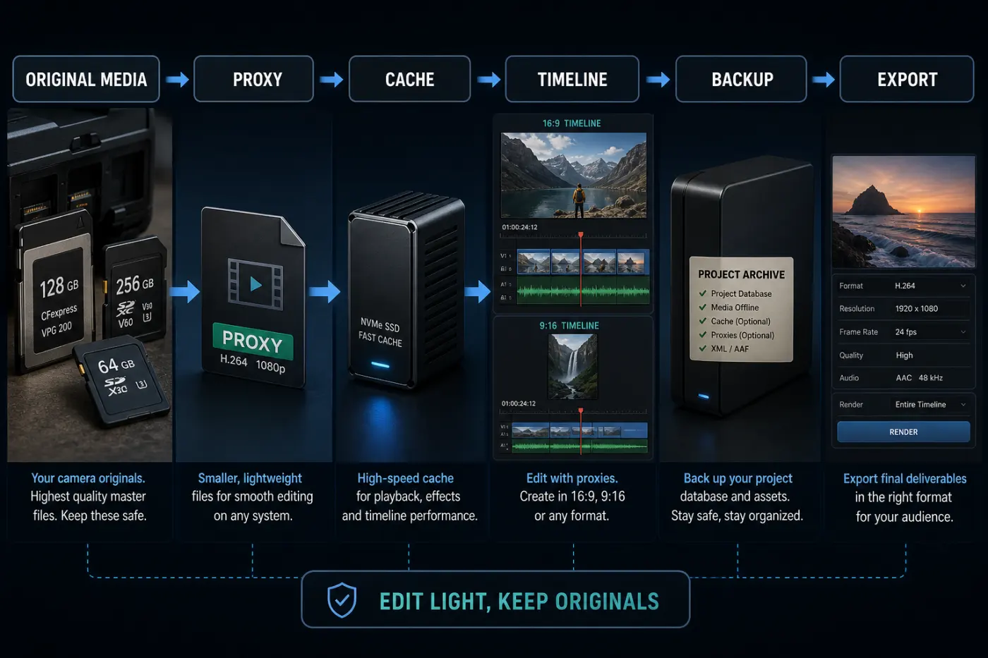 DaVinci Resolve original media proxy cache timeline and export backup workflow