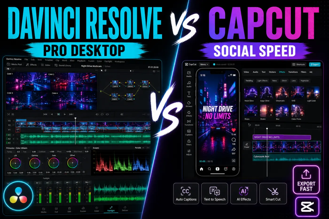 DaVinci Resolve professional desktop workflow compared with CapCut social editing