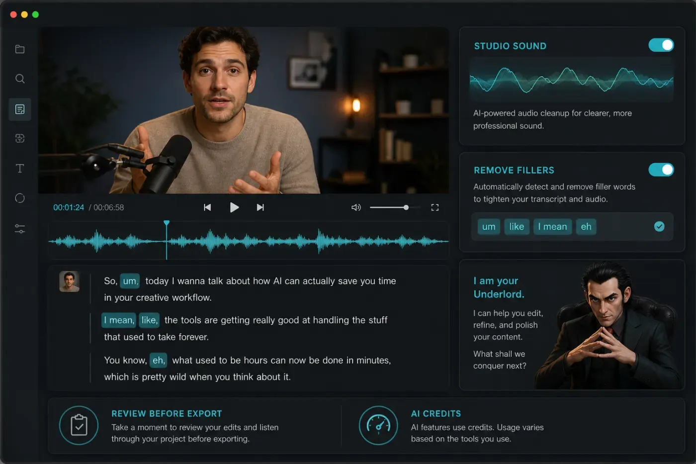 Descript Studio Sound filler-word removal and AI-credit review workflow