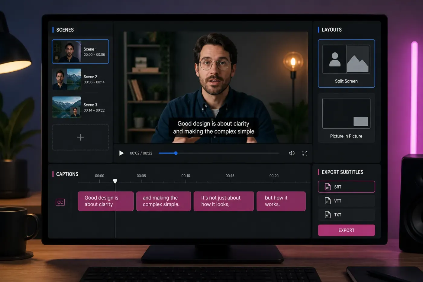 Descript scenes layouts captions and subtitle export controls for talking videos
