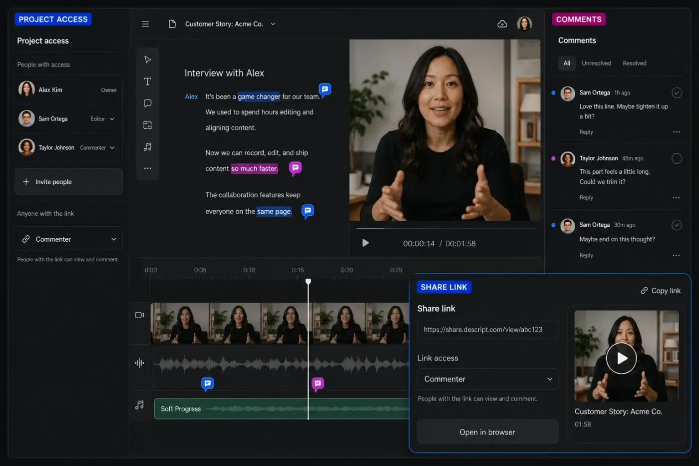 Descript project access roles transcript comments and share link review workflow