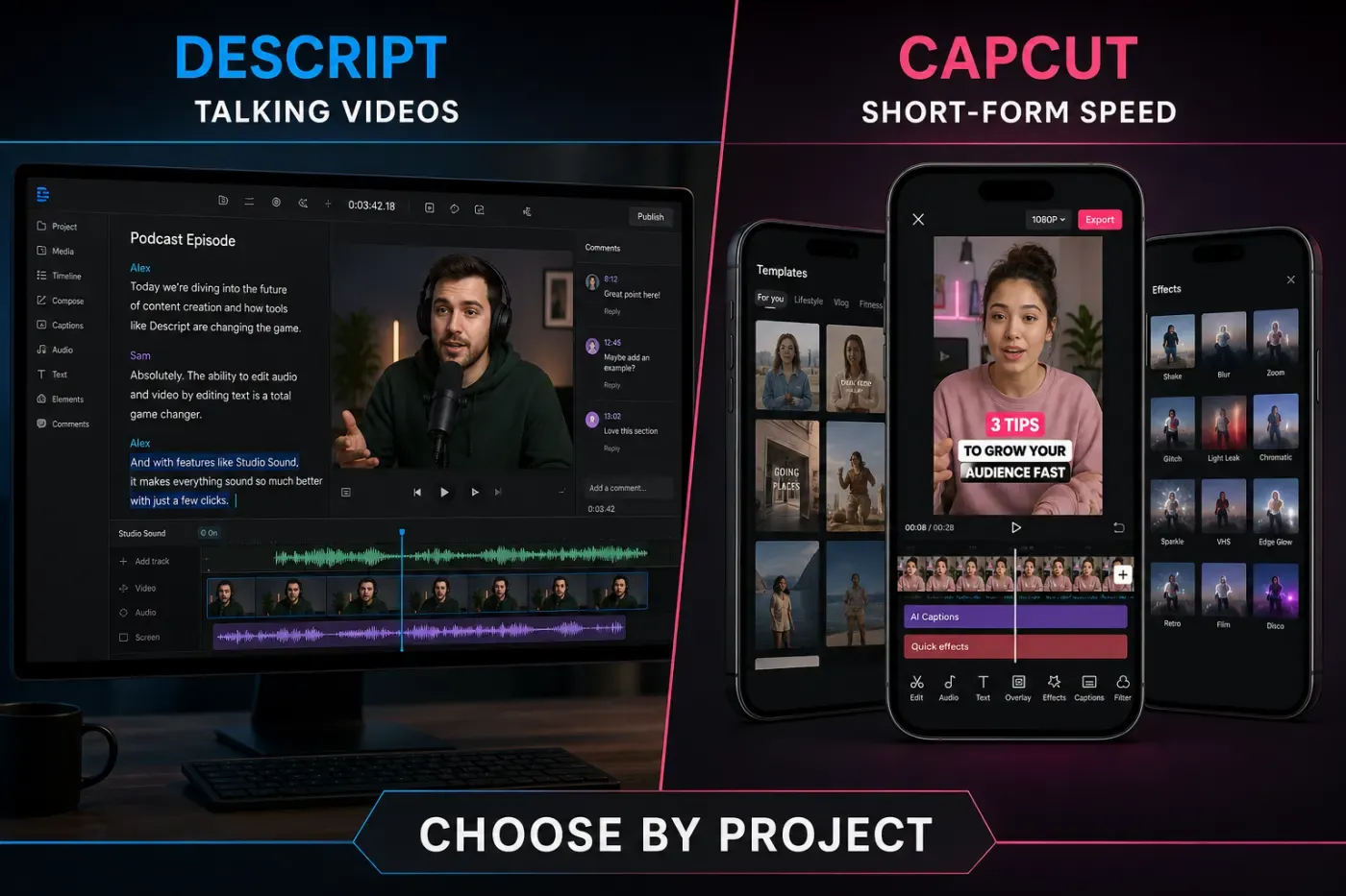 Descript talking-video transcript editing compared with CapCut short-form captions and templates