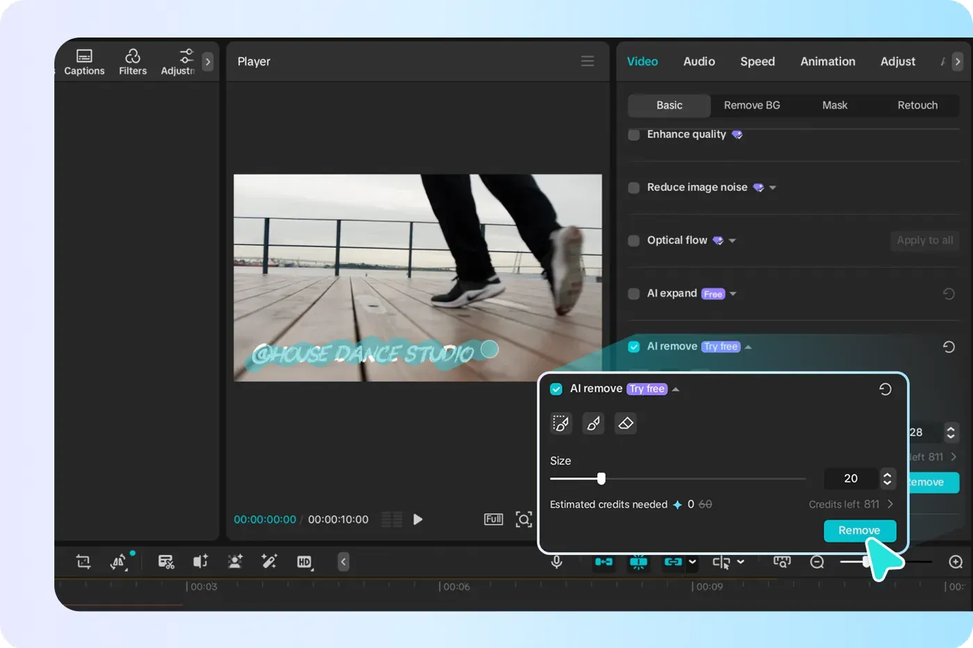 CapCut Desktop Video Basic AI remove panel with brush and Remove button