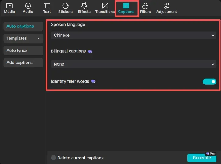 CapCut Desktop Auto Captions panel with Spoken language and Bilingual captions selectors