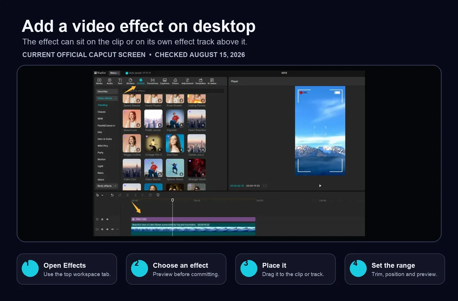 Current CapCut Desktop Effects library with a video effect placed on its own timeline track