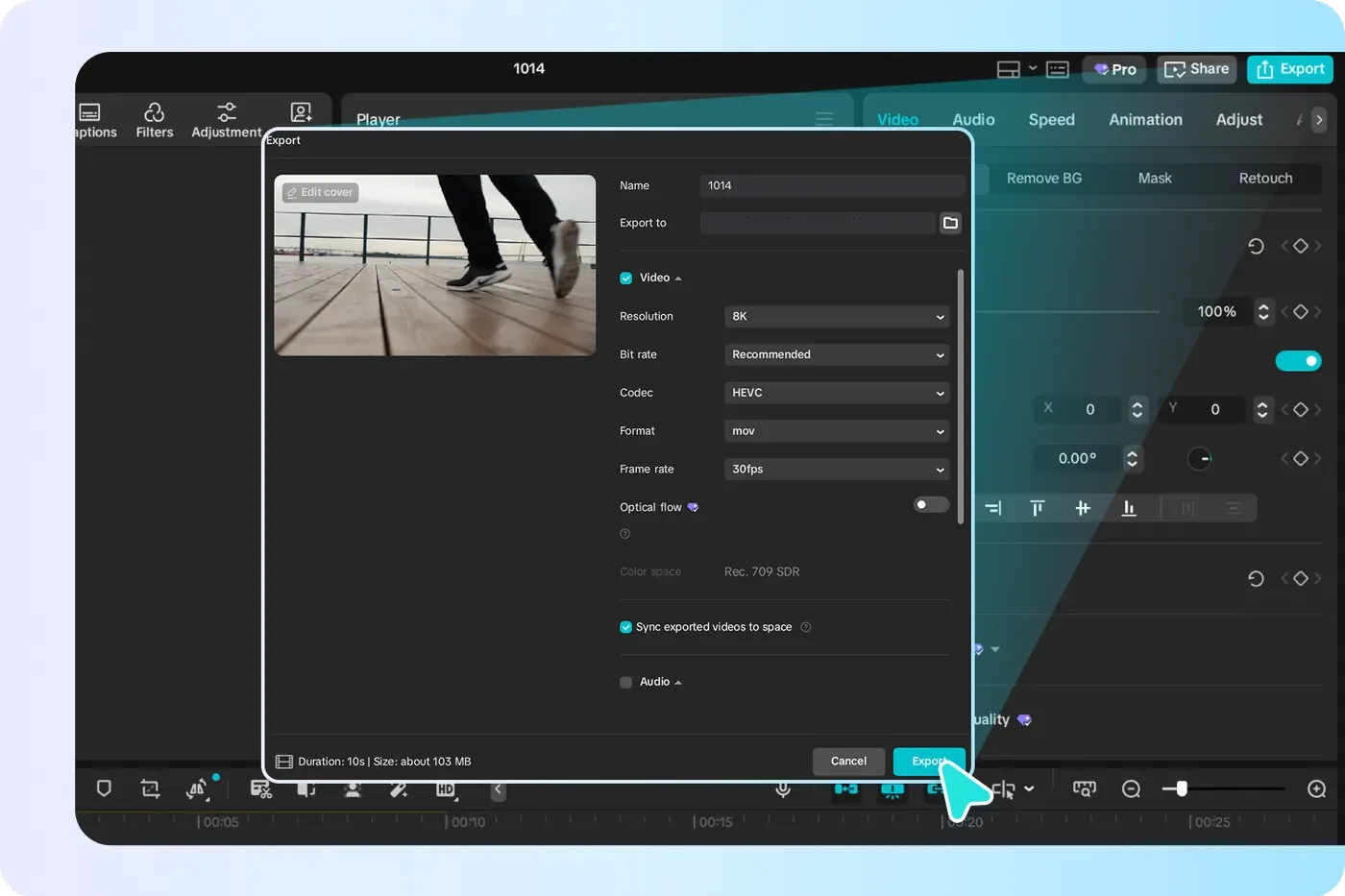 CapCut Desktop export panel used to render a short watermark test
