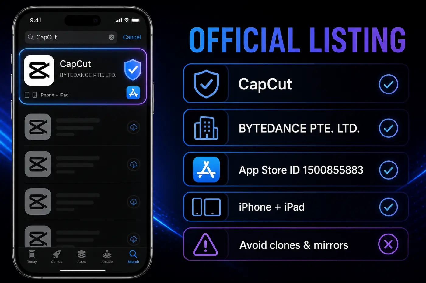 Official CapCut iPhone App Store listing verification checklist