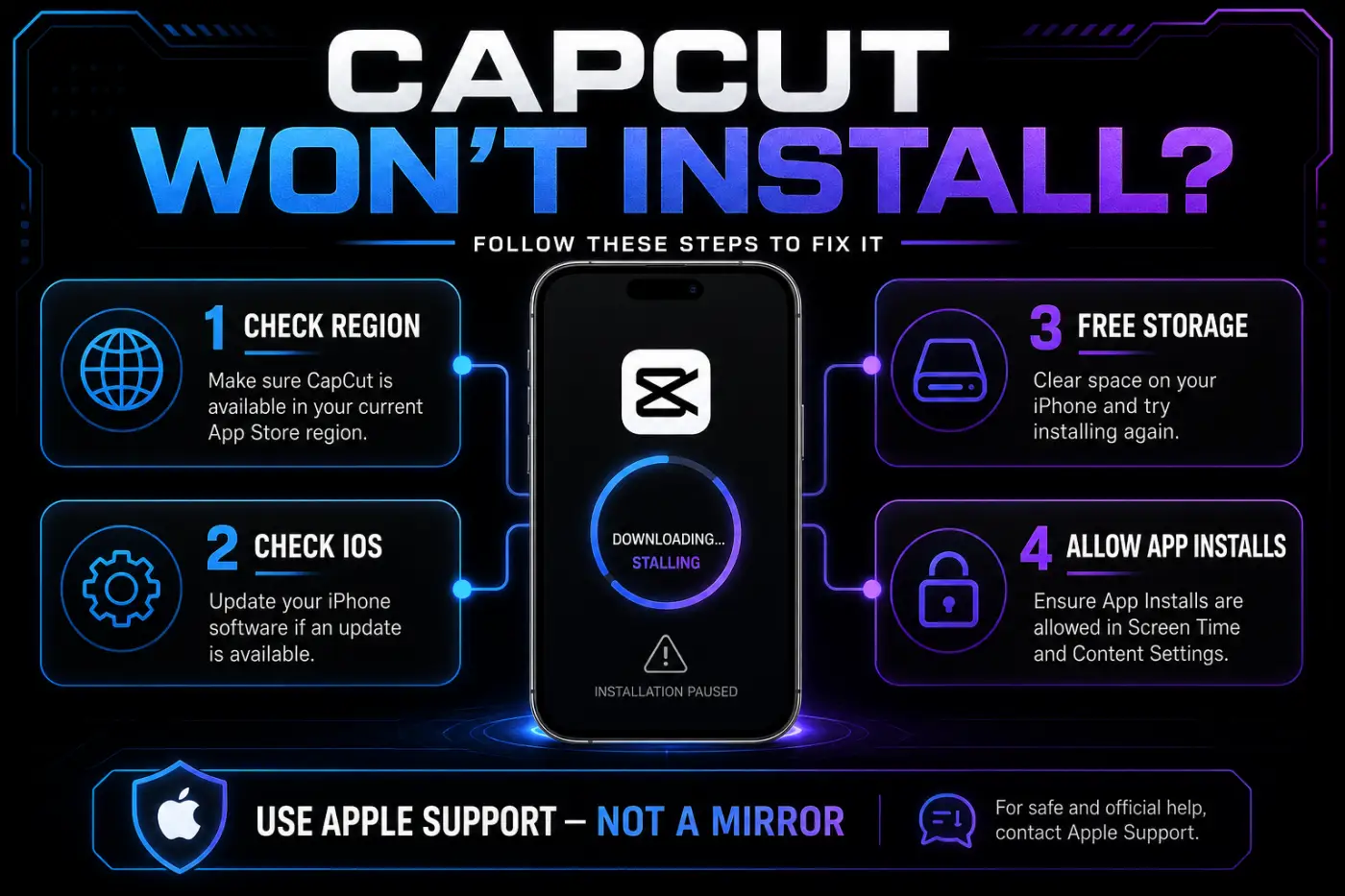 CapCut iPhone installation troubleshooting for region iOS storage and Screen Time