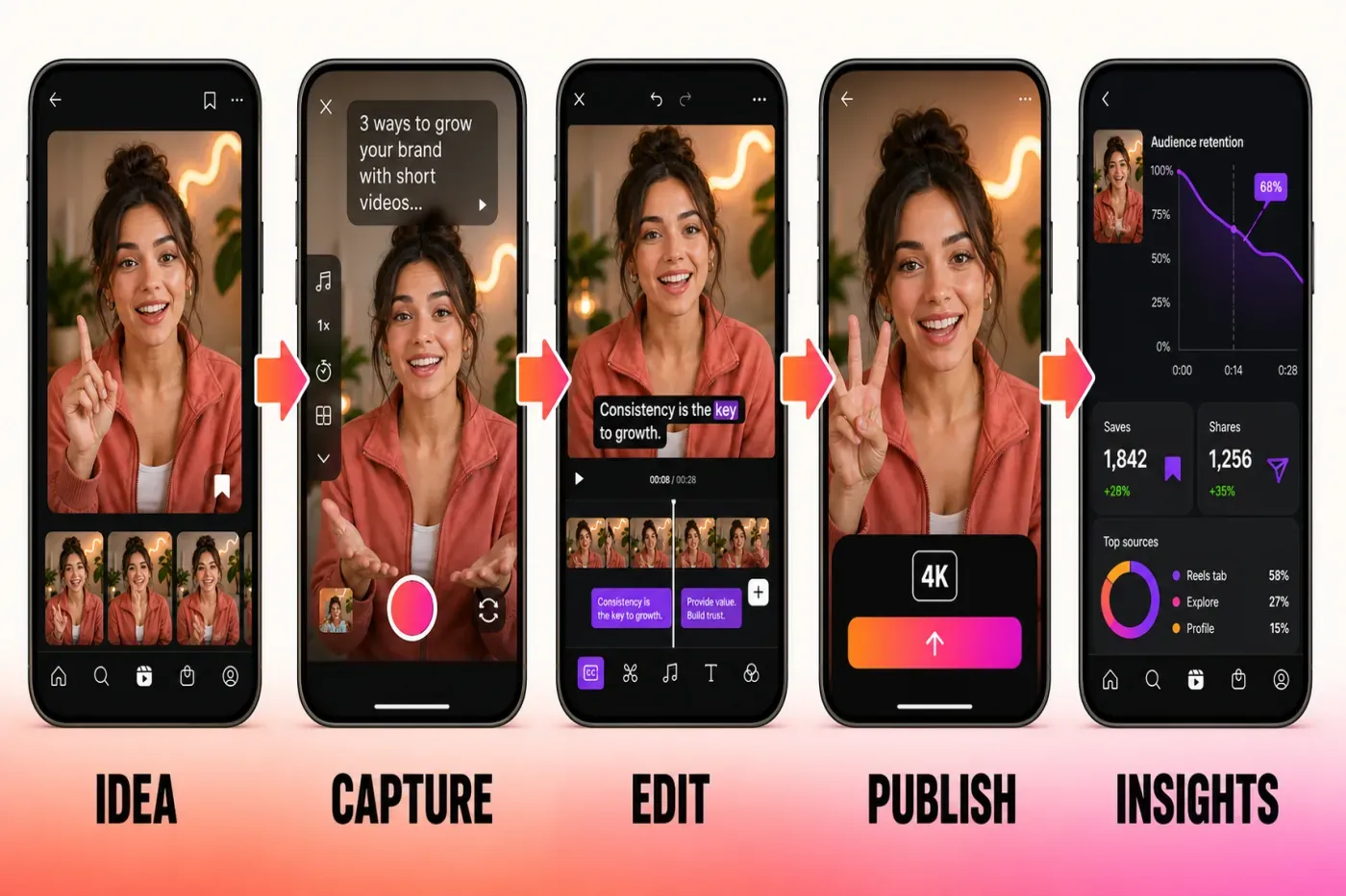 Instagram Edits workflow from Reel idea and capture through captions 4K publishing and retention insights