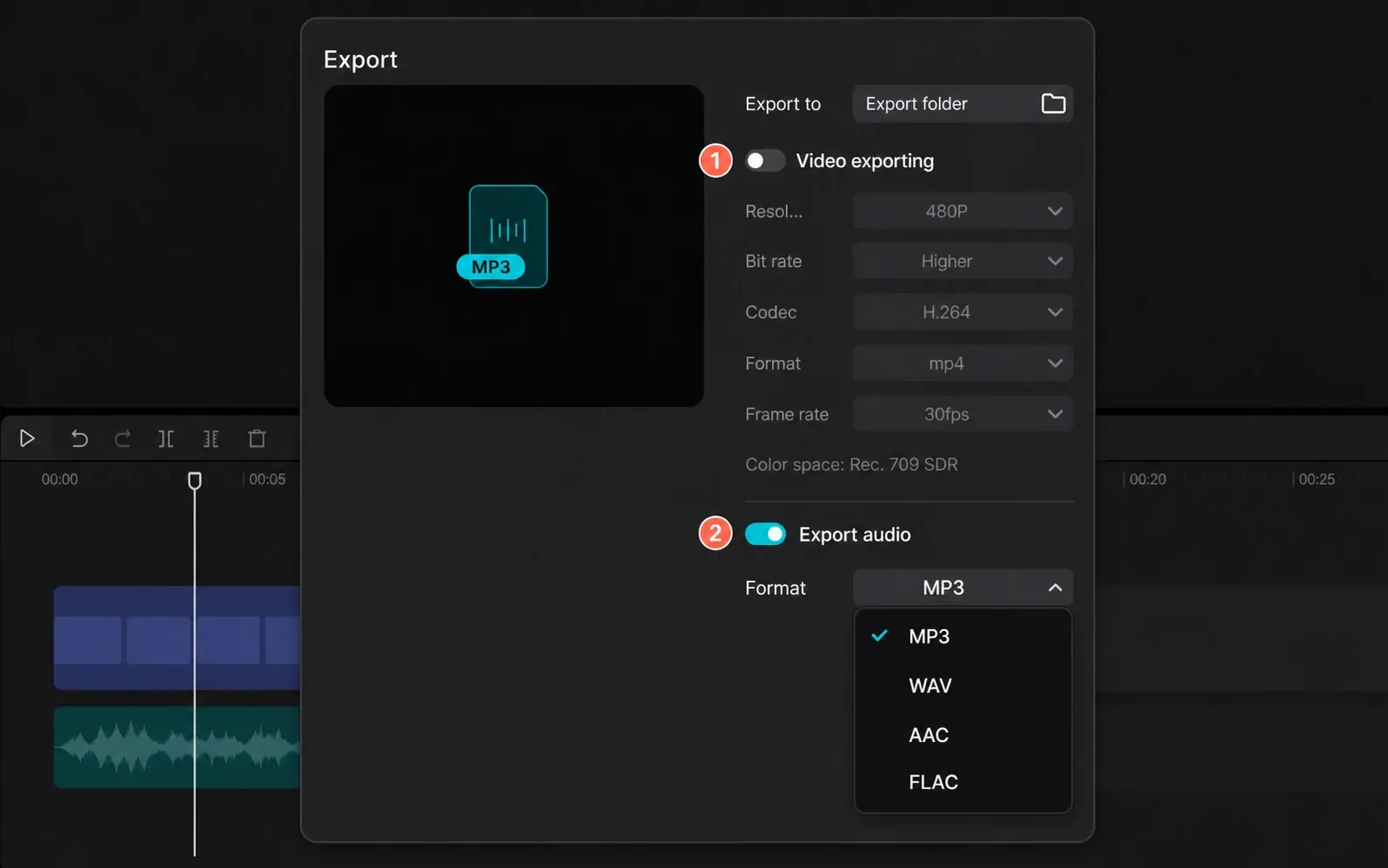CapCut Export panel with Video exporting off, Export audio on and audio formats open