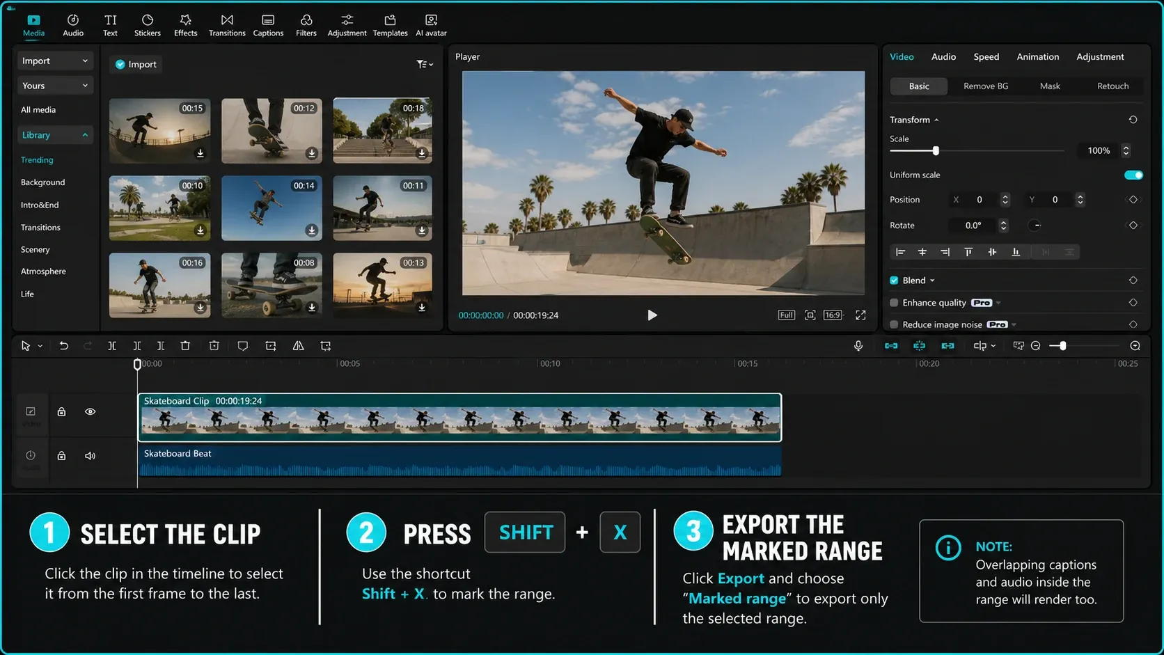 CapCut Desktop clip selected with Shift+X and marked for export