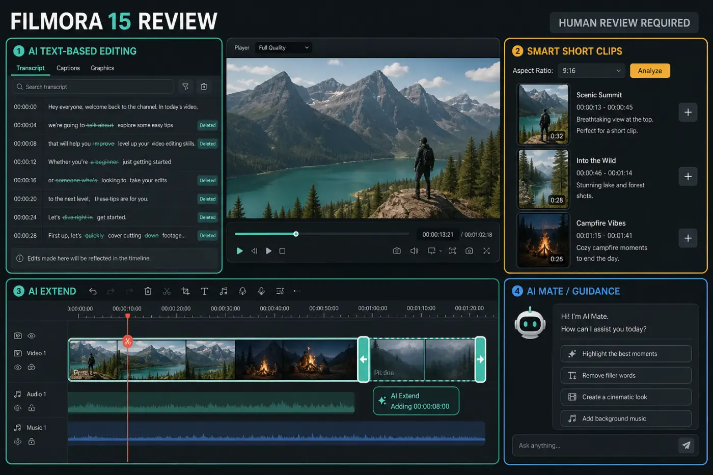 Filmora AI Text Based Editing Smart Short Clips AI Extend AI Mate and Smart Scene Cut workflow