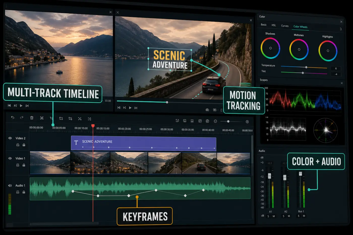 Filmora desktop timeline with multiple tracks keyframes motion tracking color and audio controls