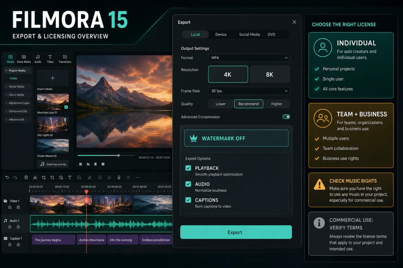 Filmora export panel showing 4K 8K options watermark off and personal versus business licensing checks