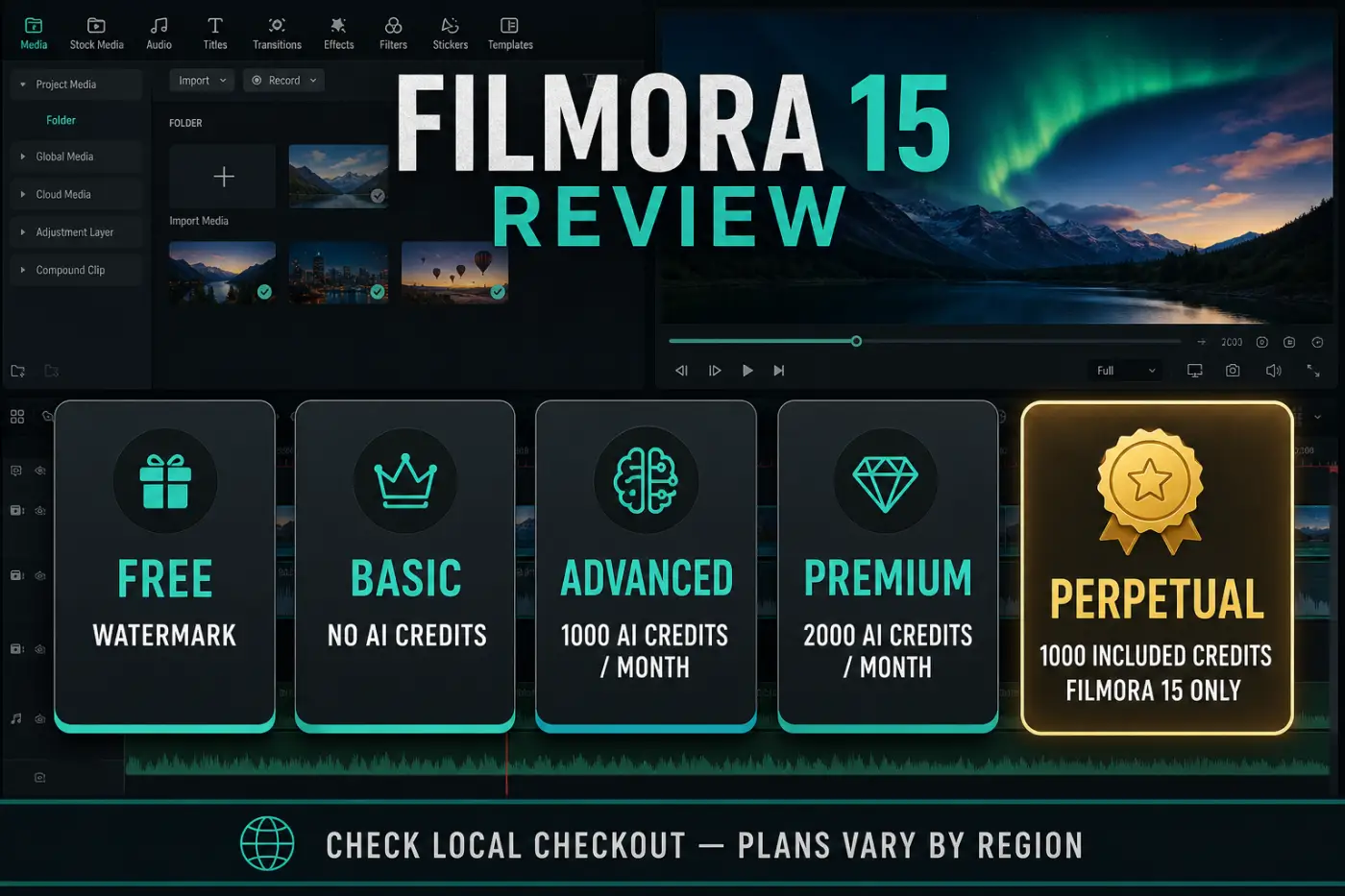 Filmora Free Basic Advanced Premium and Perpetual plans showing watermark and AI credit differences