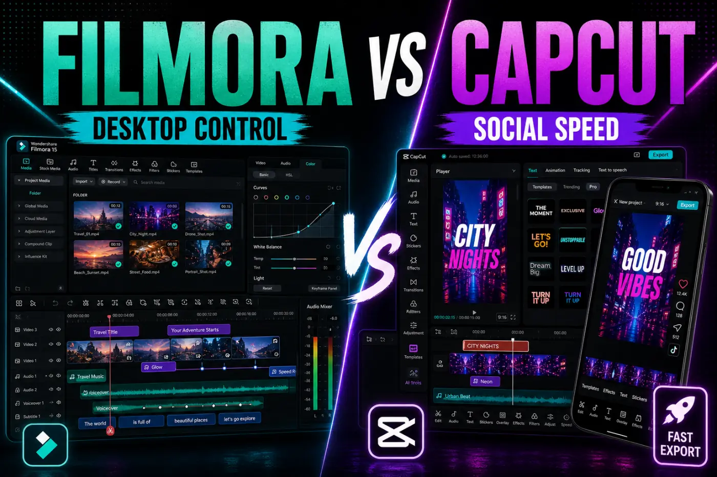Filmora desktop video editor compared with CapCut mobile social editing workflow