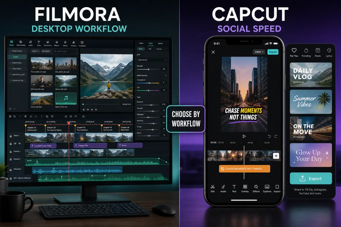 Filmora desktop long form timeline compared with CapCut mobile templates captions and social speed