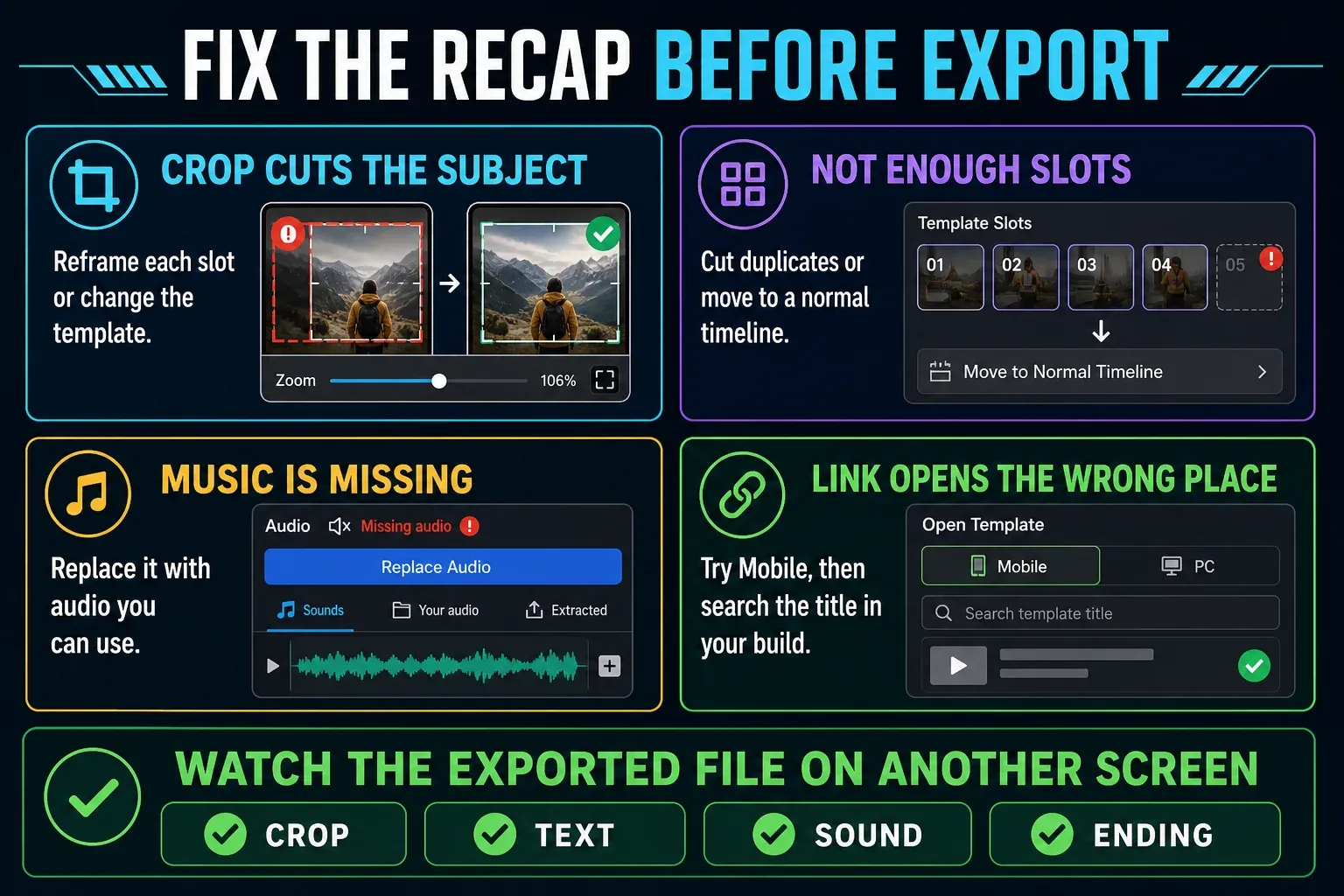 Troubleshooting map for CapCut recap crops, clip slots, missing music and template links