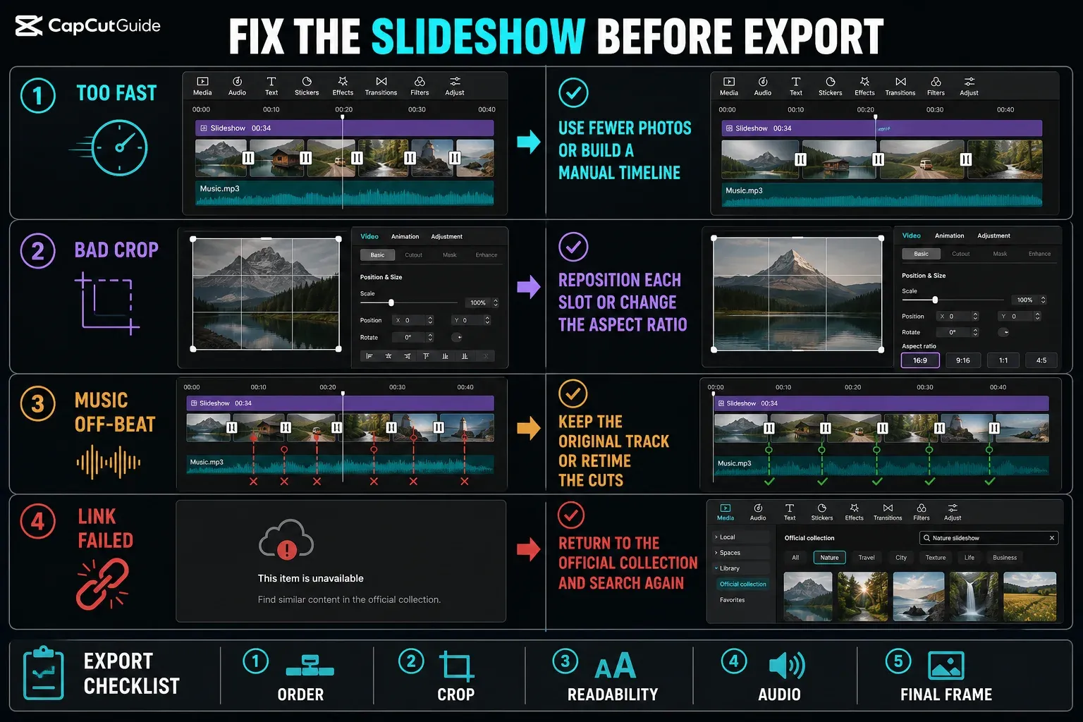 CapCut slideshow fixes for fast pacing, bad crop, off-beat music and failed template links