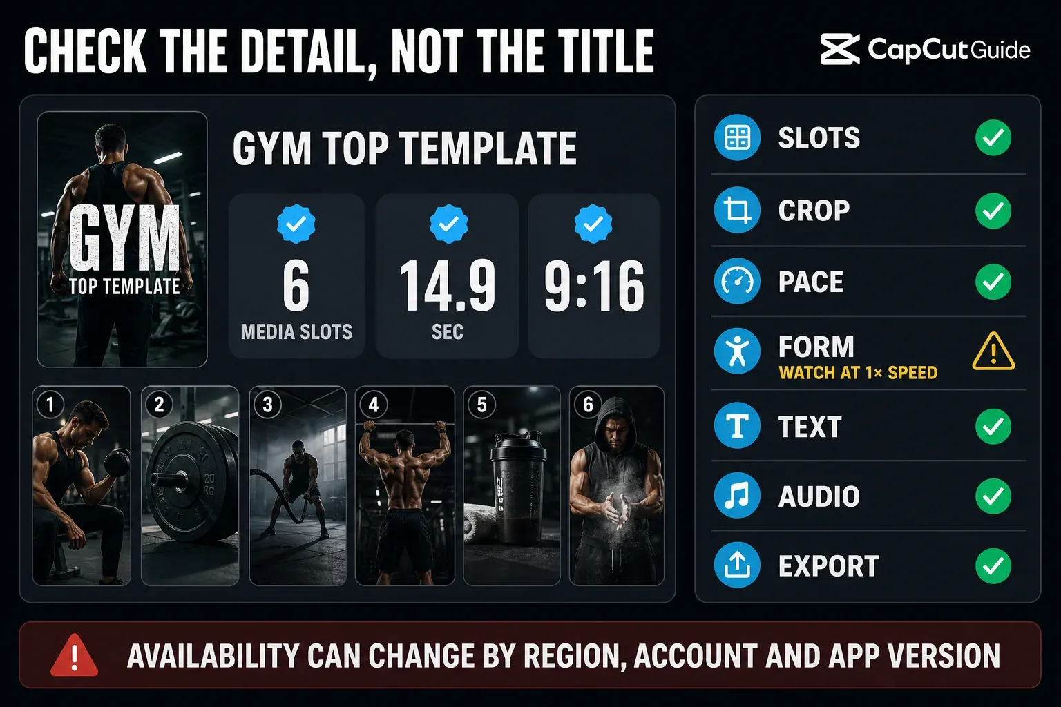Gym template fit audit using verified six-slot, 14.9-second and 9:16 CapCut detail data plus crop, pace, form, text, audio and export checks