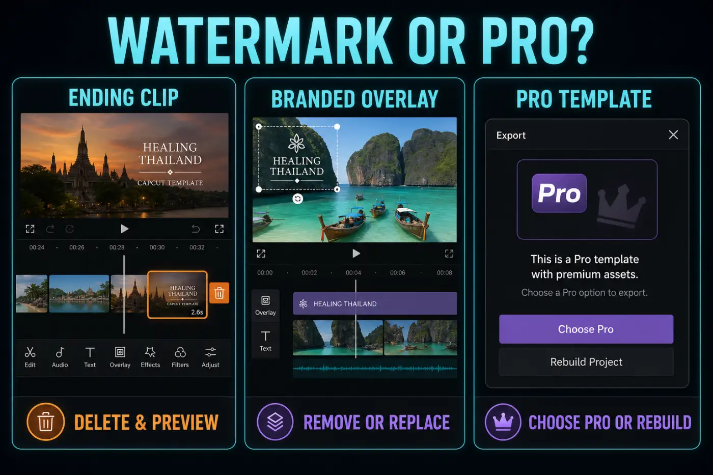 CapCut template export checks for an ending clip, branded overlay and Pro badge