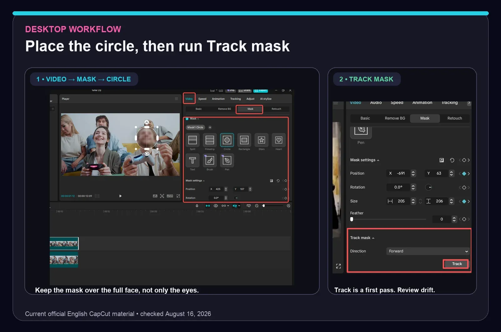 Current CapCut Desktop Video Mask Circle and Track mask controls for a moving face
