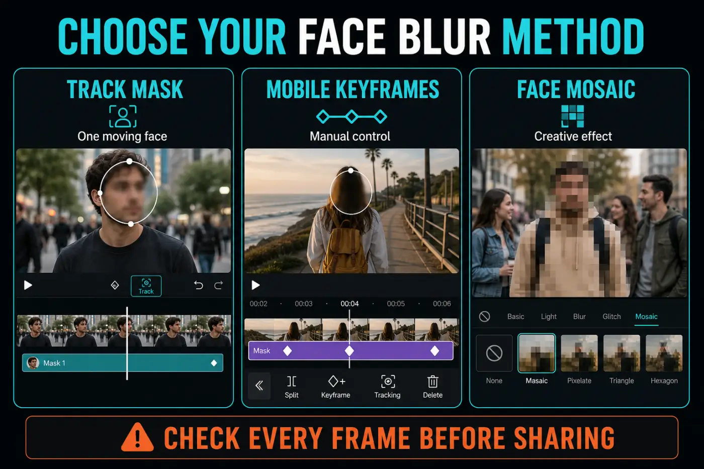 CapCut face blur methods compared: Track mask, mobile keyframes, and Face Mosaic