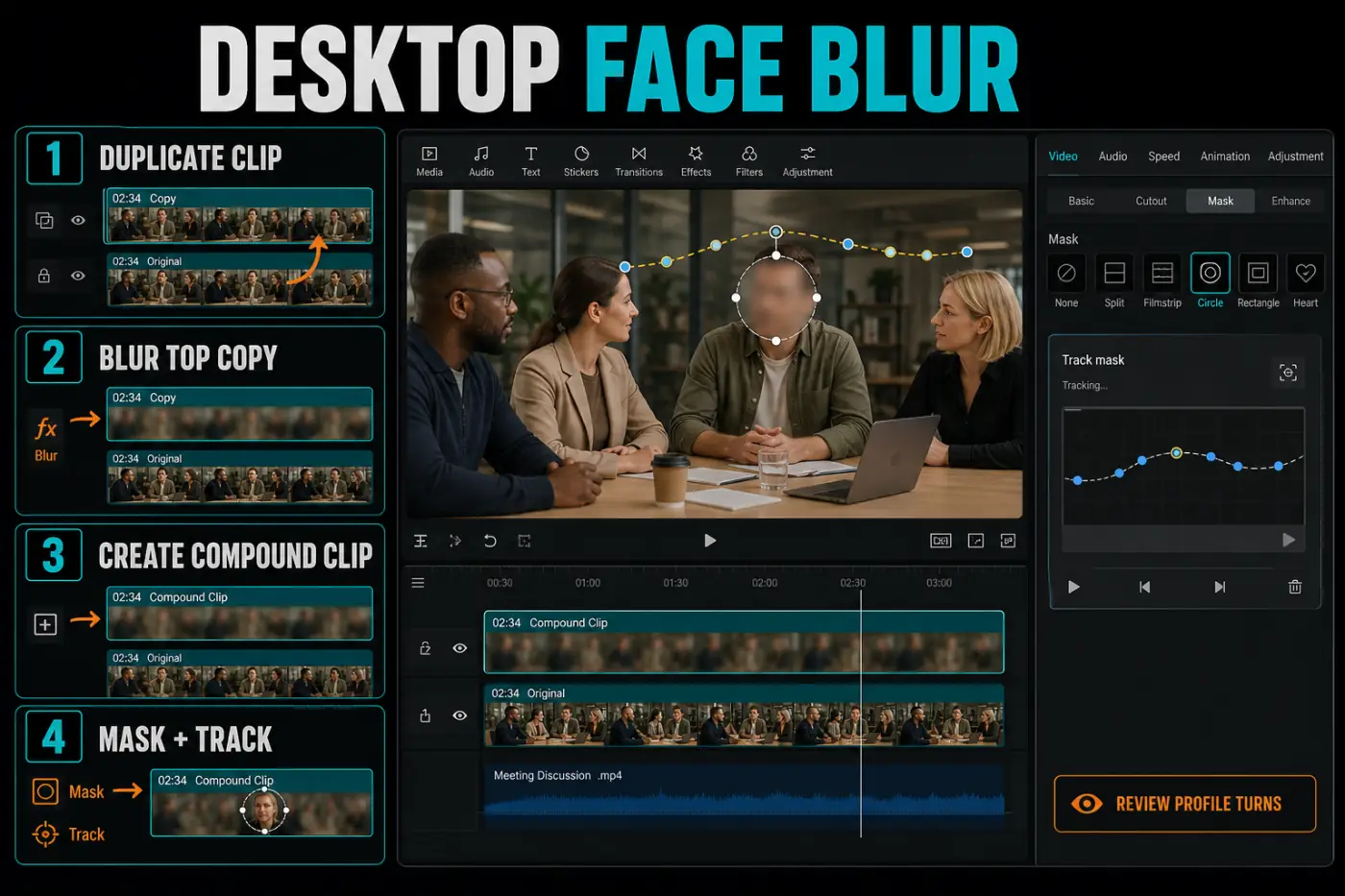 CapCut desktop face blur workflow using a duplicate, compound clip, circle mask, and Track mask