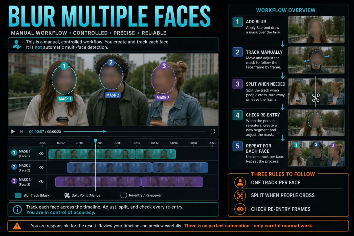 CapCut multi-face blur timeline with a separate tracked mask for each moving face