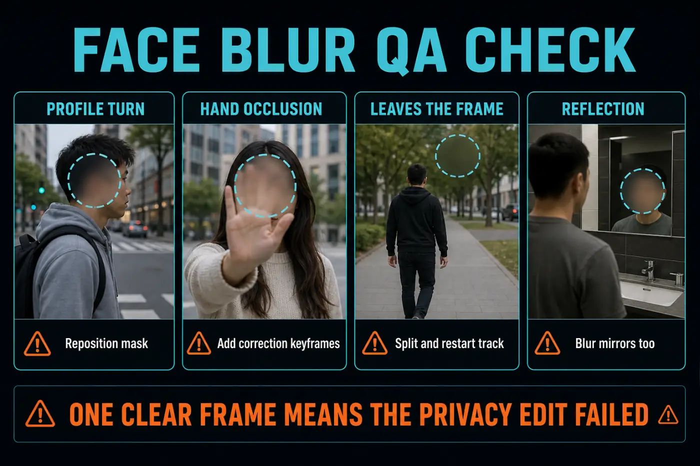 Face blur quality checks for profile turns, hand occlusion, leaving the frame, and reflections