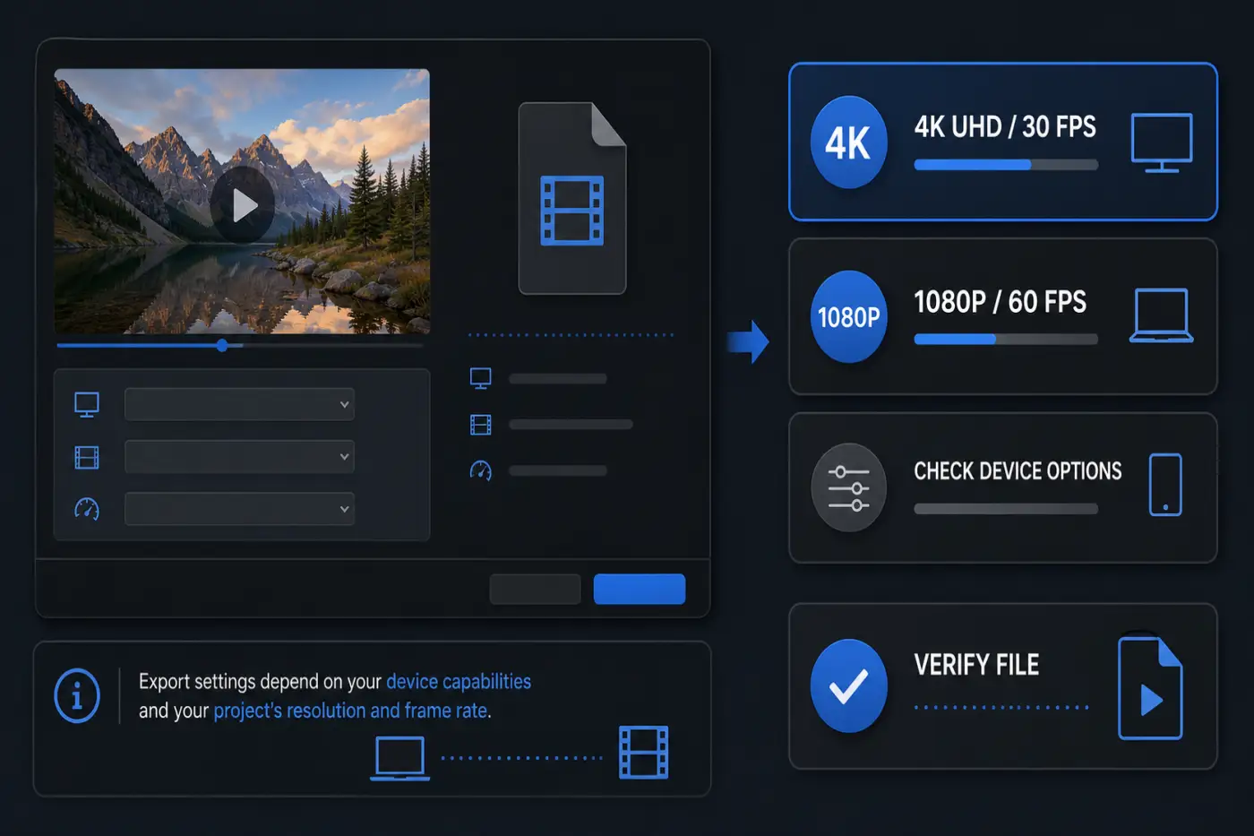 iMovie export workflow comparing 4K UHD 30 fps and 1080p60 options on Apple devices