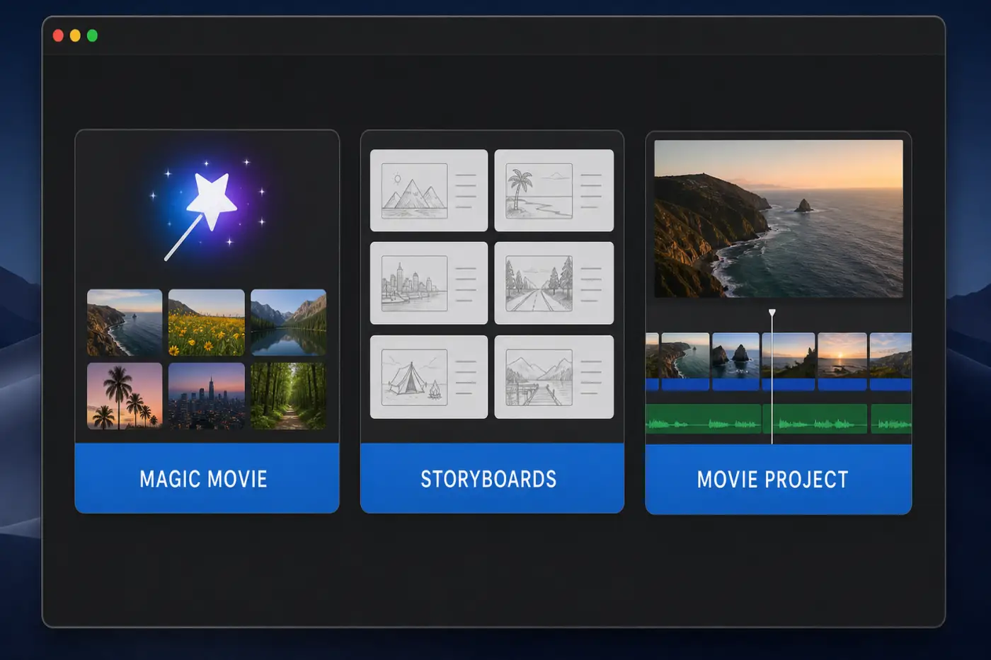 iMovie Magic Movie Storyboard and Movie project modes for guided or manual editing