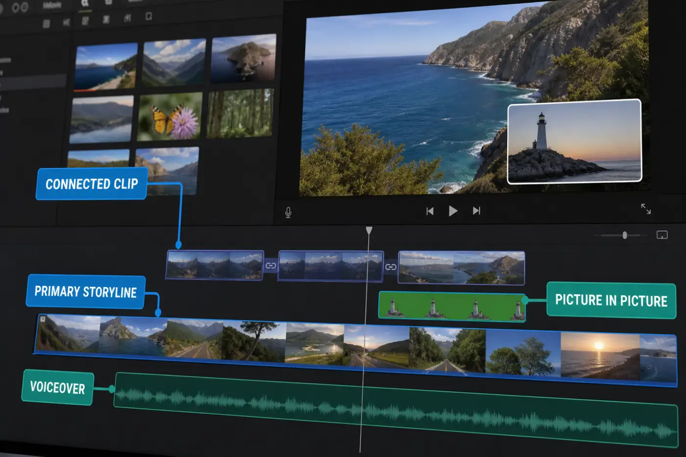 iMovie Mac timeline with primary storyline connected clips picture in picture and audio layers