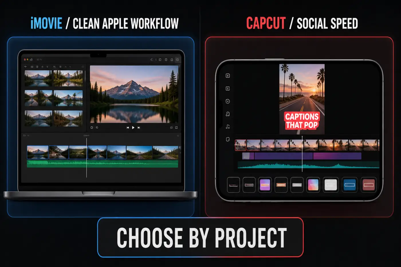 iMovie clean Apple timeline compared with CapCut templates captions and cross-platform social workflow