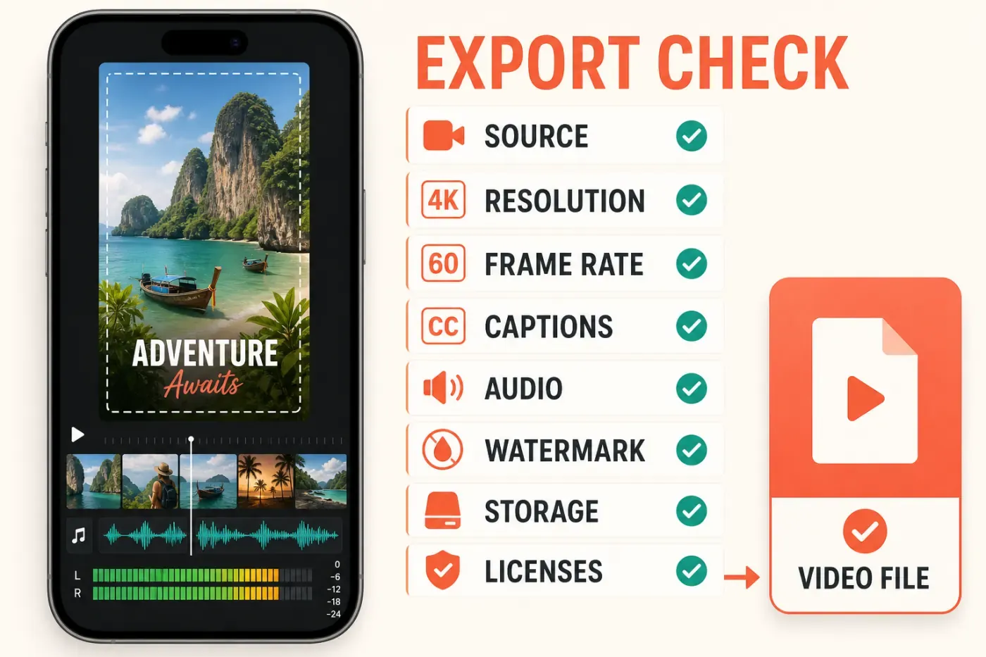 InShot export quality checklist for source resolution frame rate captions audio watermark storage and licenses