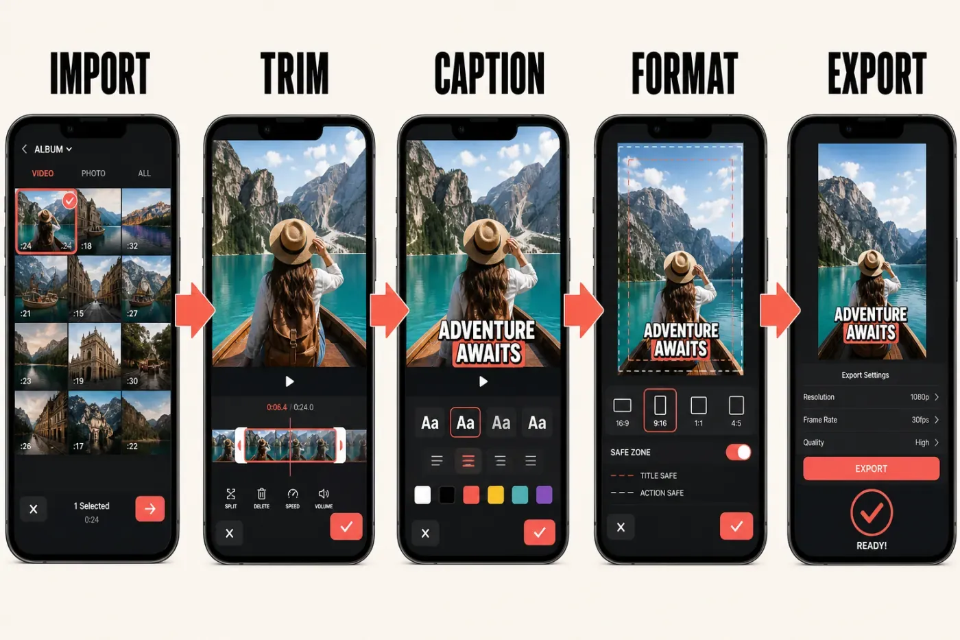 InShot mobile video workflow from import and trim through captions canvas and export