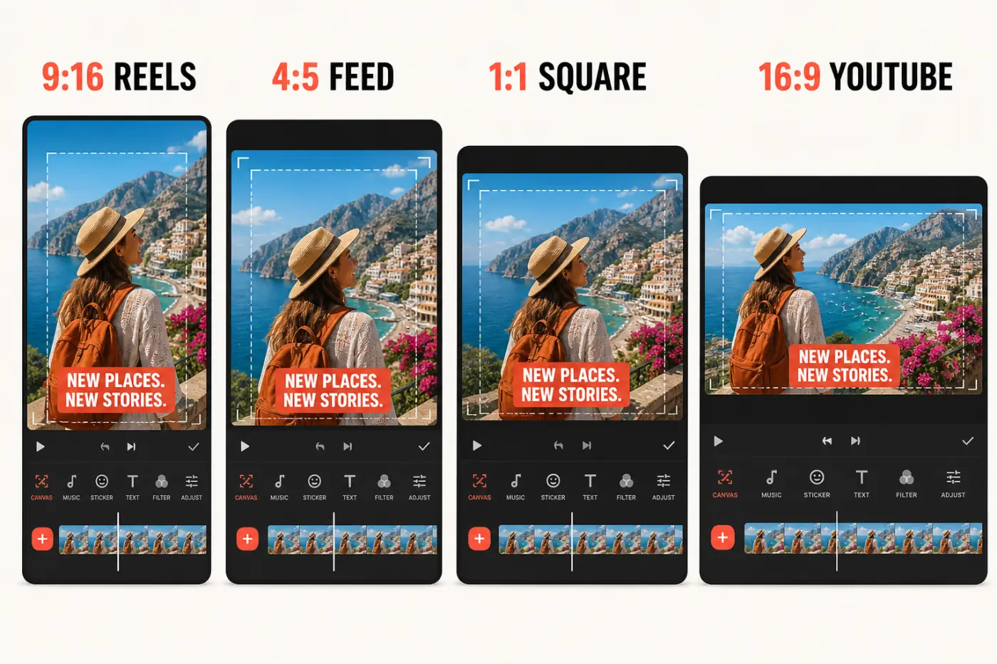 InShot social video canvas comparison for 9 by 16 4 by 5 1 by 1 and 16 by 9 formats