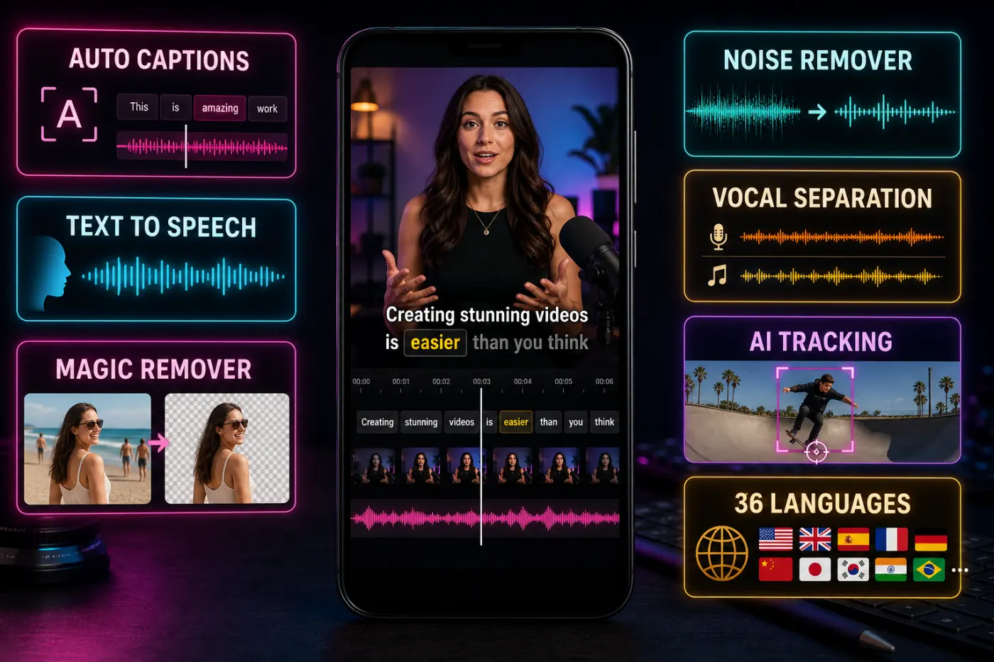 KineMaster AI tools for auto captions text to speech magic remover noise removal vocal separation and tracking