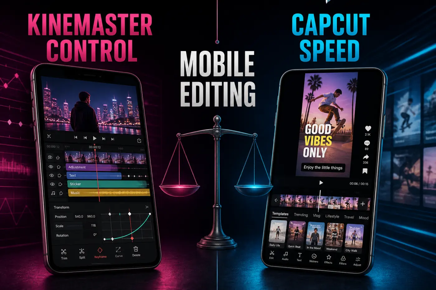 KineMaster control compared with CapCut speed for mobile editing and social templates