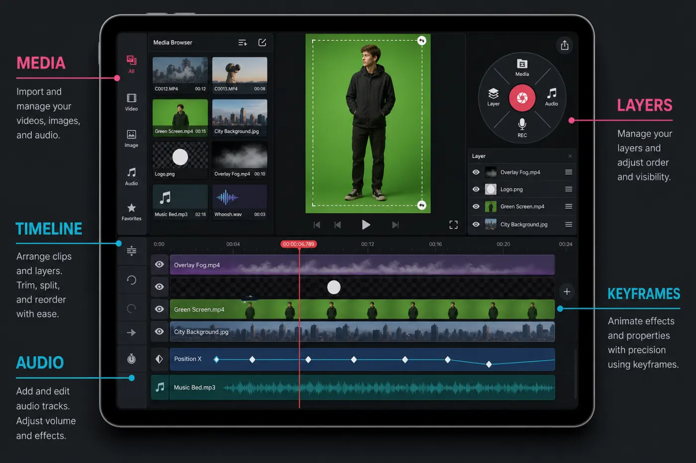 KineMaster mobile timeline with media browser layers keyframes and audio tracks